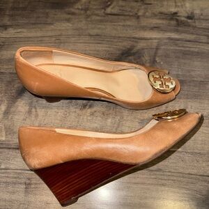 Tory Burch Tan Wedges with Gold Emblem